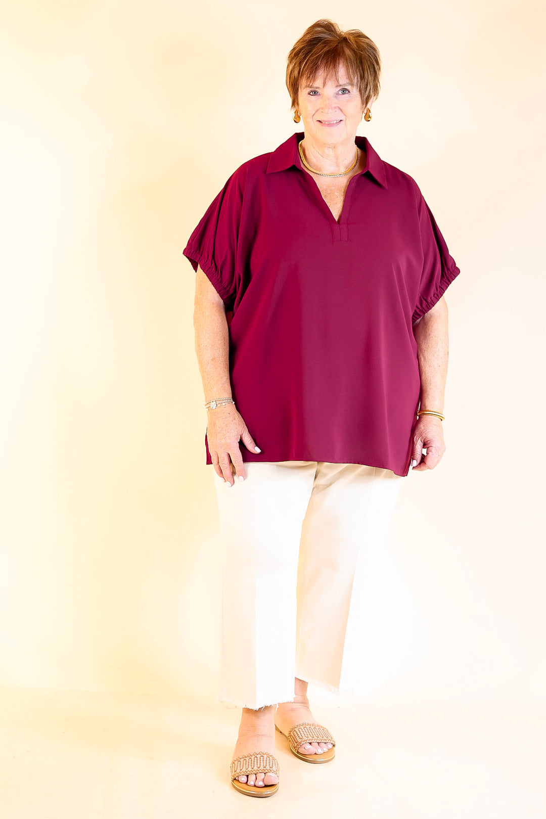 Fresh Start Collared V-Neck Blouse With Drop Shoulder in Maroon