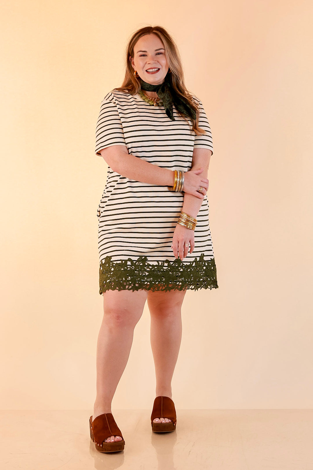 Beyond the Basics Striped Floral Lace Hem T-Shirt Dress in Ivory and Olive Green