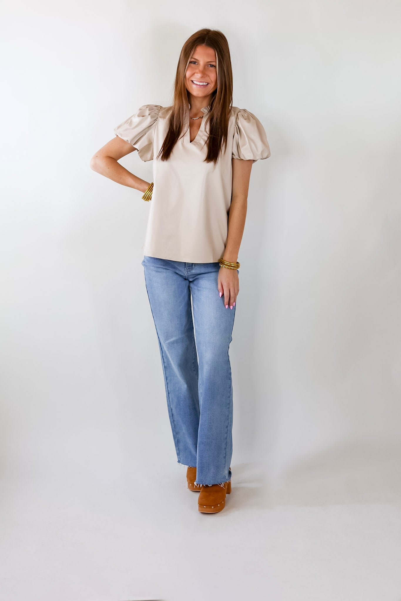 Replay The Night Faux Leather Top with Short Balloon Sleeves in Beige - Giddy Up Glamour Boutique