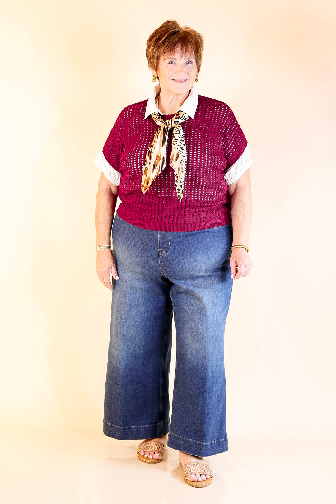 Breezy Intentions Open Knit Short Sleeve Sweater in Maroon