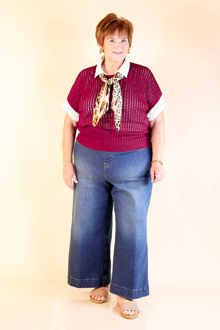 Breezy Intentions Open Knit Short Sleeve Sweater in Maroon