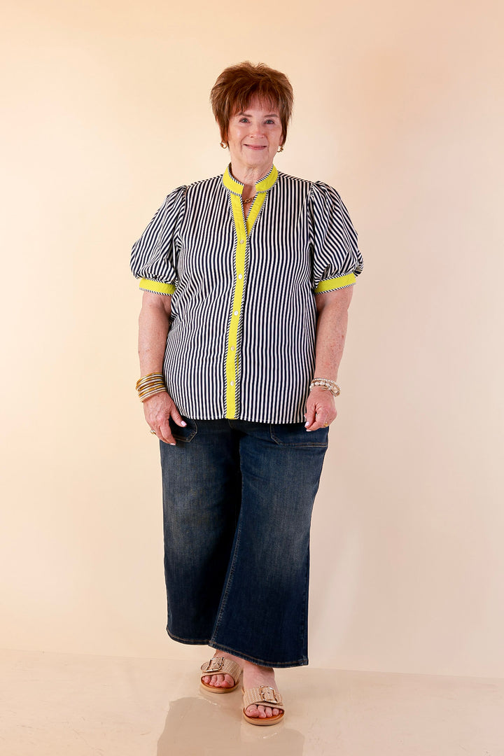 Pop of Polish Short Puff Sleeve Button Front Top with Contrast Trim in Navy Blue, White and Lime