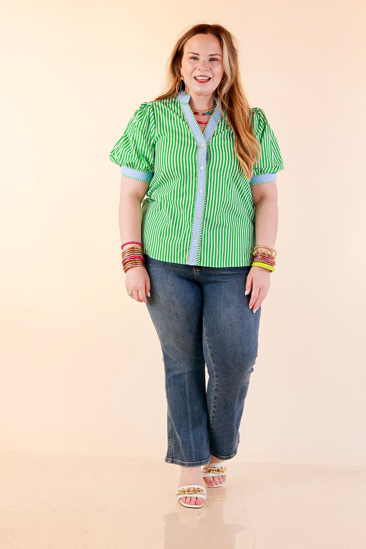 Pop of Polish Short Puff Sleeve Button Front Top with Contrast Trim in Kelly Green, White and Sky Blue
