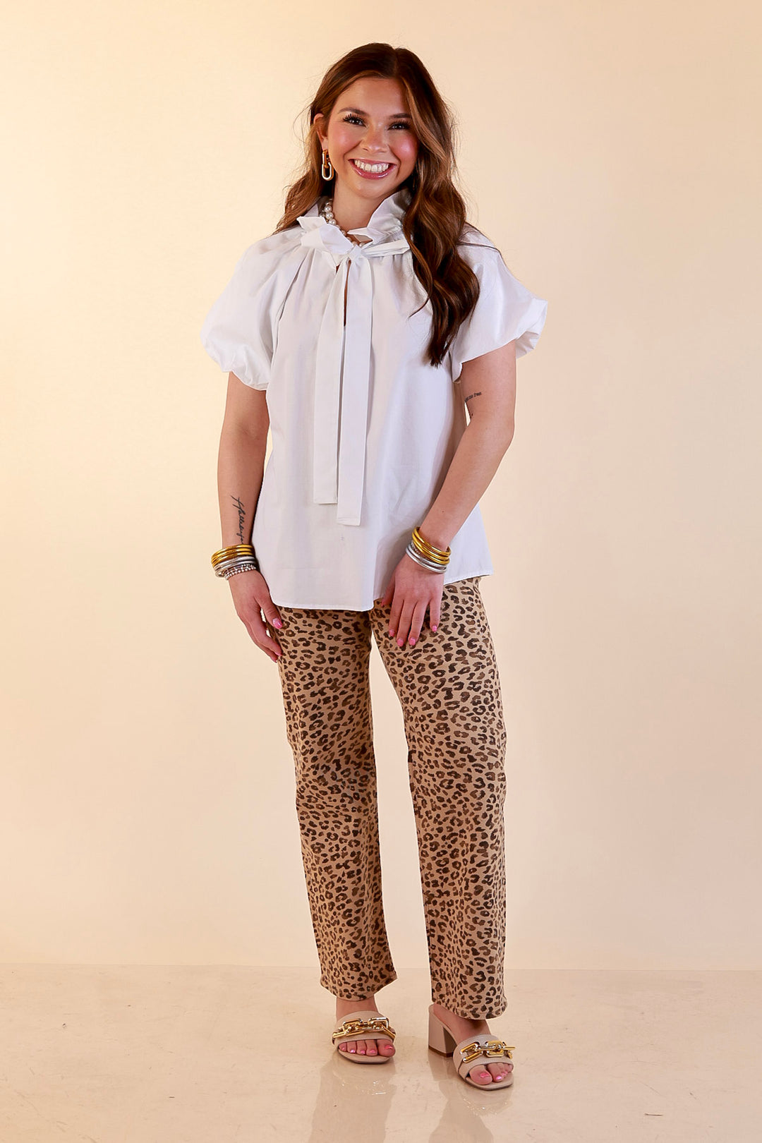 Make It Memorable Short Puff Sleeve Tie Neck Blouse with Gathered Neckline in White