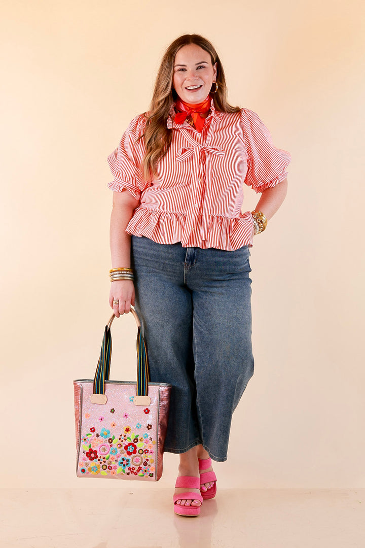 Tea Time Charm Tie Neck Puff Sleeve Peplum Button Front Stripe Blouse in Orange