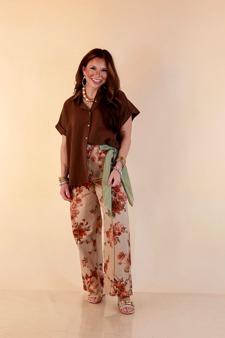 Made to Flourish Floral Print Wide Leg Denim Pants with Front Seam in Tan and Rust