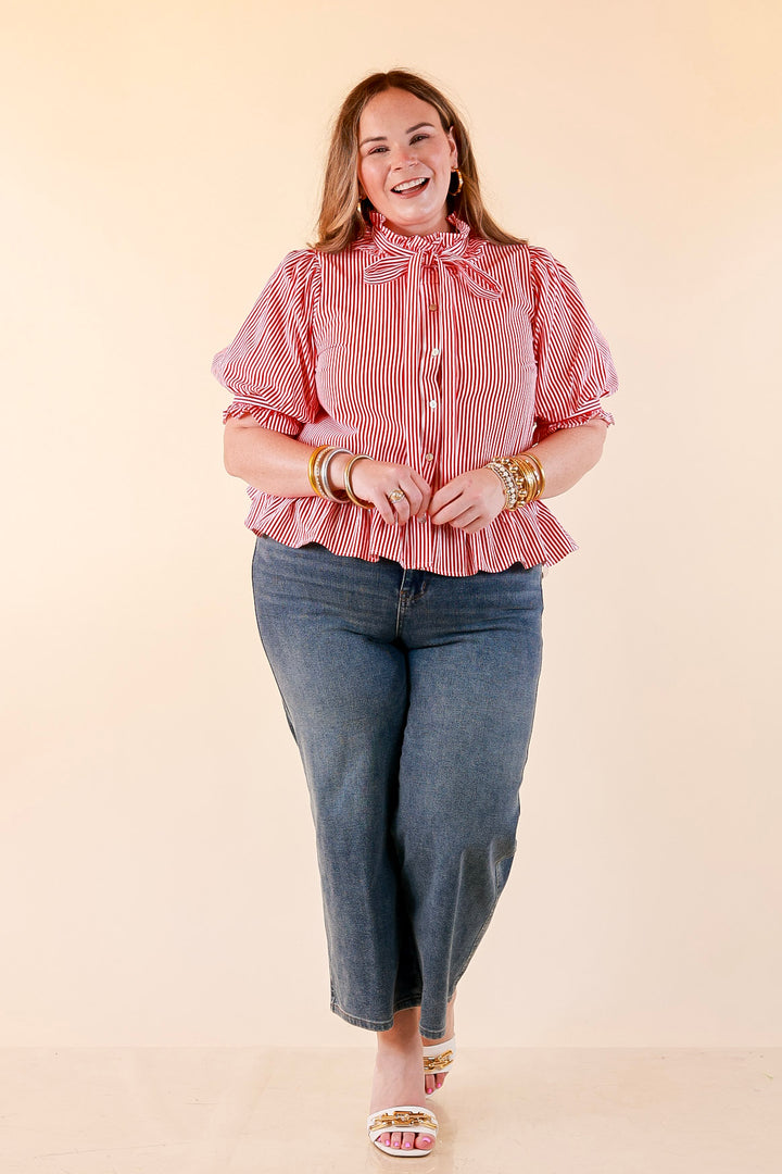 Tea Time Charm Tie Neck Puff Sleeve Peplum Button Front Stripe Blouse in Red