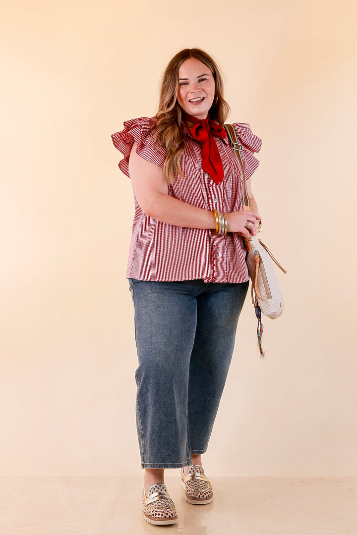 Front Porch Favorite Ruffle Sleeve Button Front Gingham Blouse with Scallop Trim in Dark Crimson Red