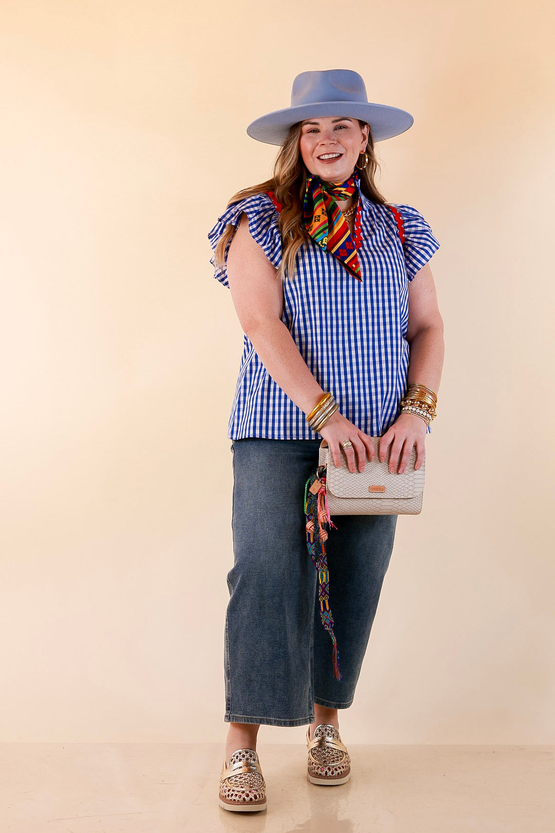 Sweet Tea Social Ruffle Sleeve Gingham Top with Ric Rac Trim in Royal Blue