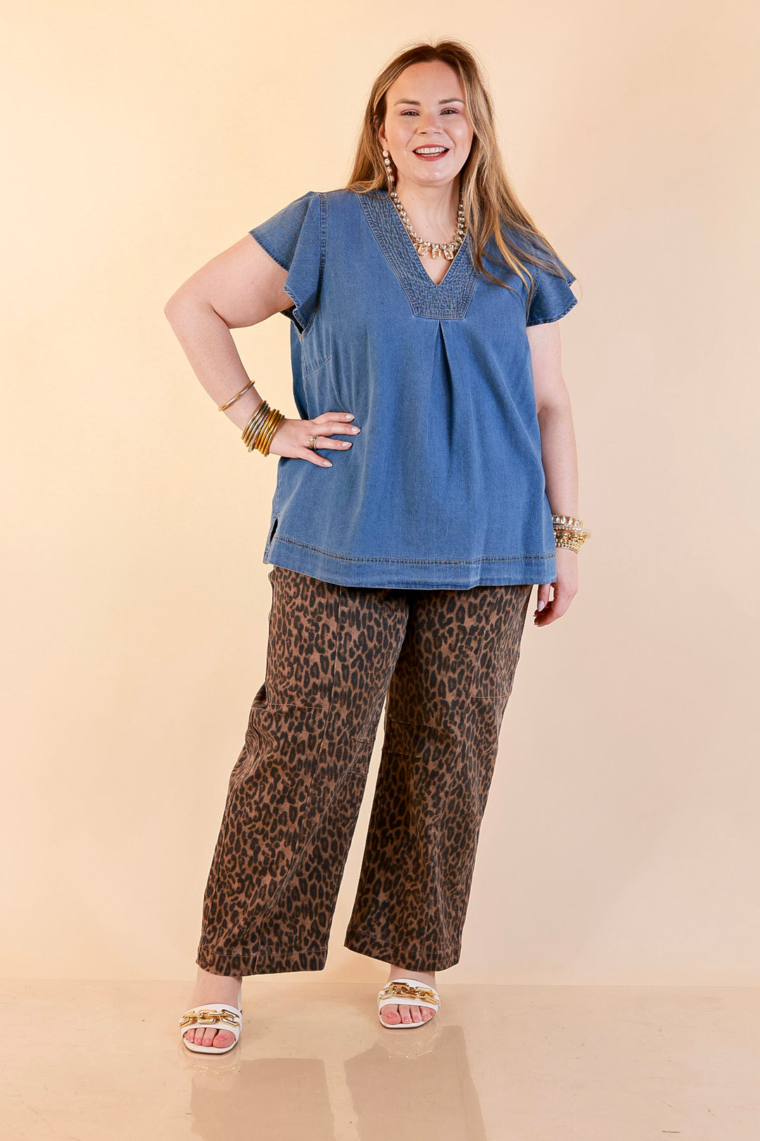 Clean and Collected V Neck Denim Top with Stitch Detail and Drop Shoulder Cap Sleeve in Medium Wash