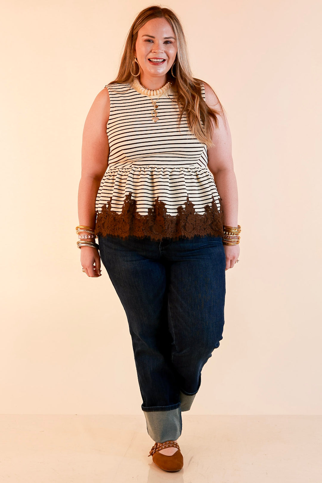Sweet on Style Striped Peplum Sleeveless Tank Top with Lace Trim Detailing in Ivory and Chocolate Brown