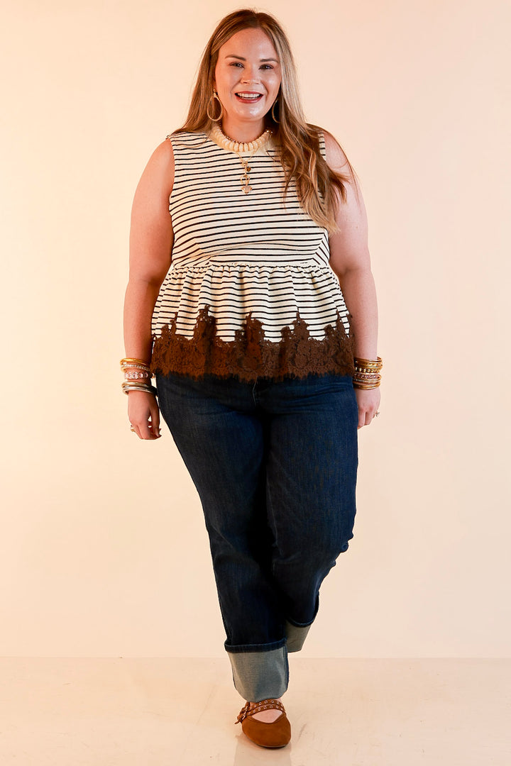 Sweet on Style Striped Peplum Sleeveless Tank Top with Lace Trim Detailing in Ivory and Chocolate Brown