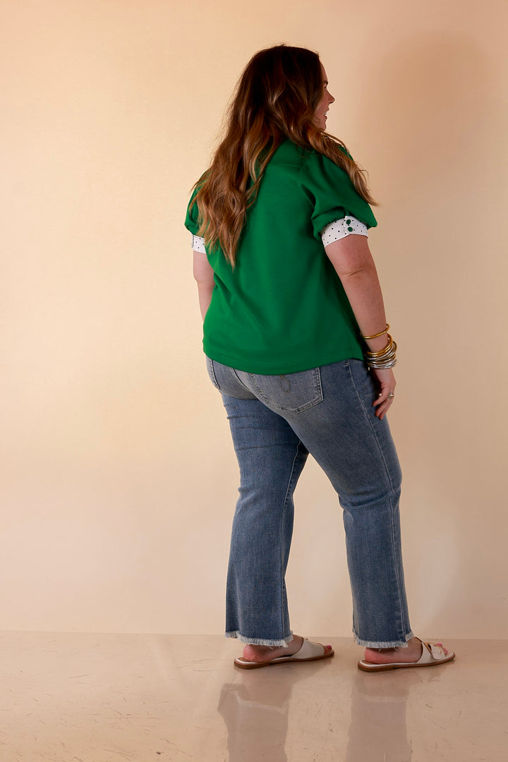 Confidently Yours Contrast Polka Dot Trim Puff Sleeve Top in Kelly Green