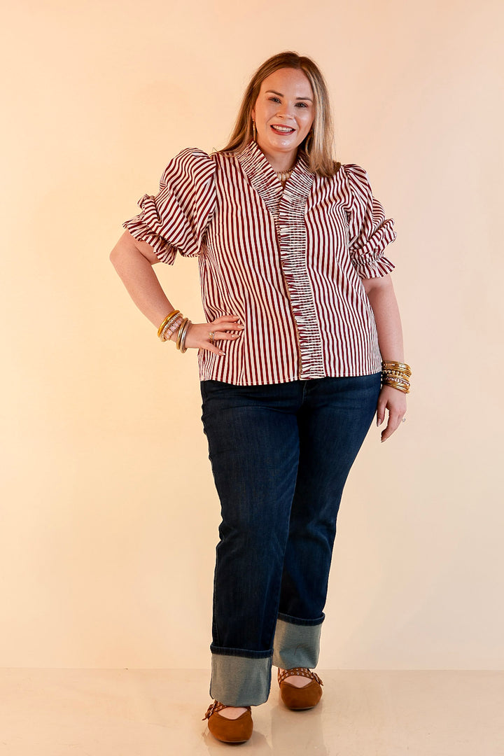 Made You Look Striped Ruffle Front and Sleeve Detailing with Puff Sleeves Blouse in Maroon and Ivory