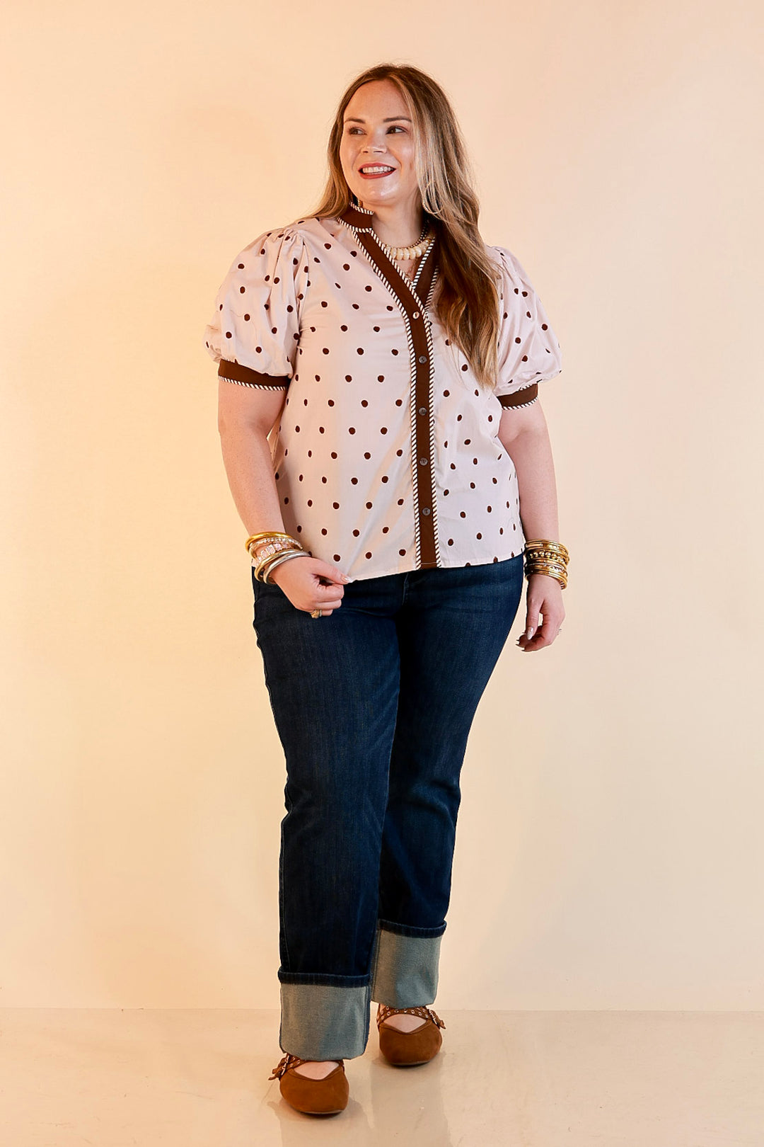 Pop of Polish Short Puff Sleeve Button Front Polka Dot Print Top with Contrast Trim in Ivory and Chocolate Brown