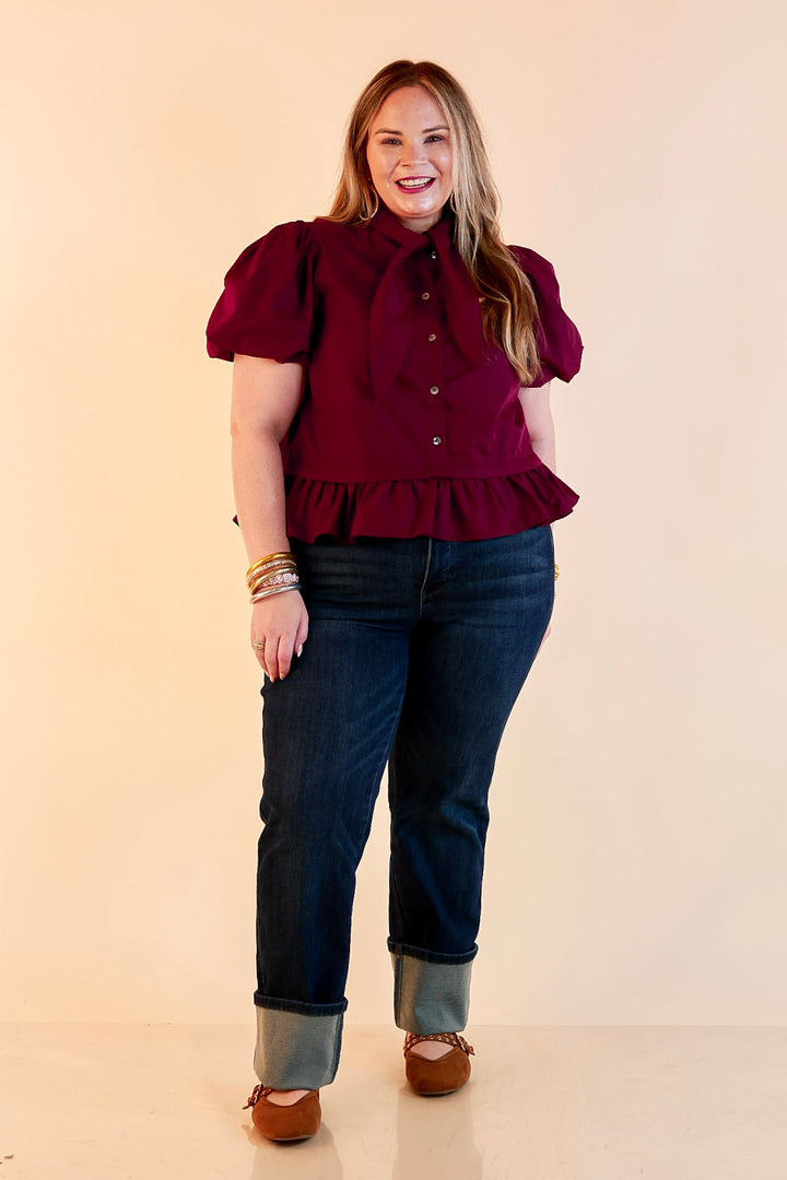 Present Company Solid Button Down Peplum Bubble Sleeve Tie Collar Top in Maroon