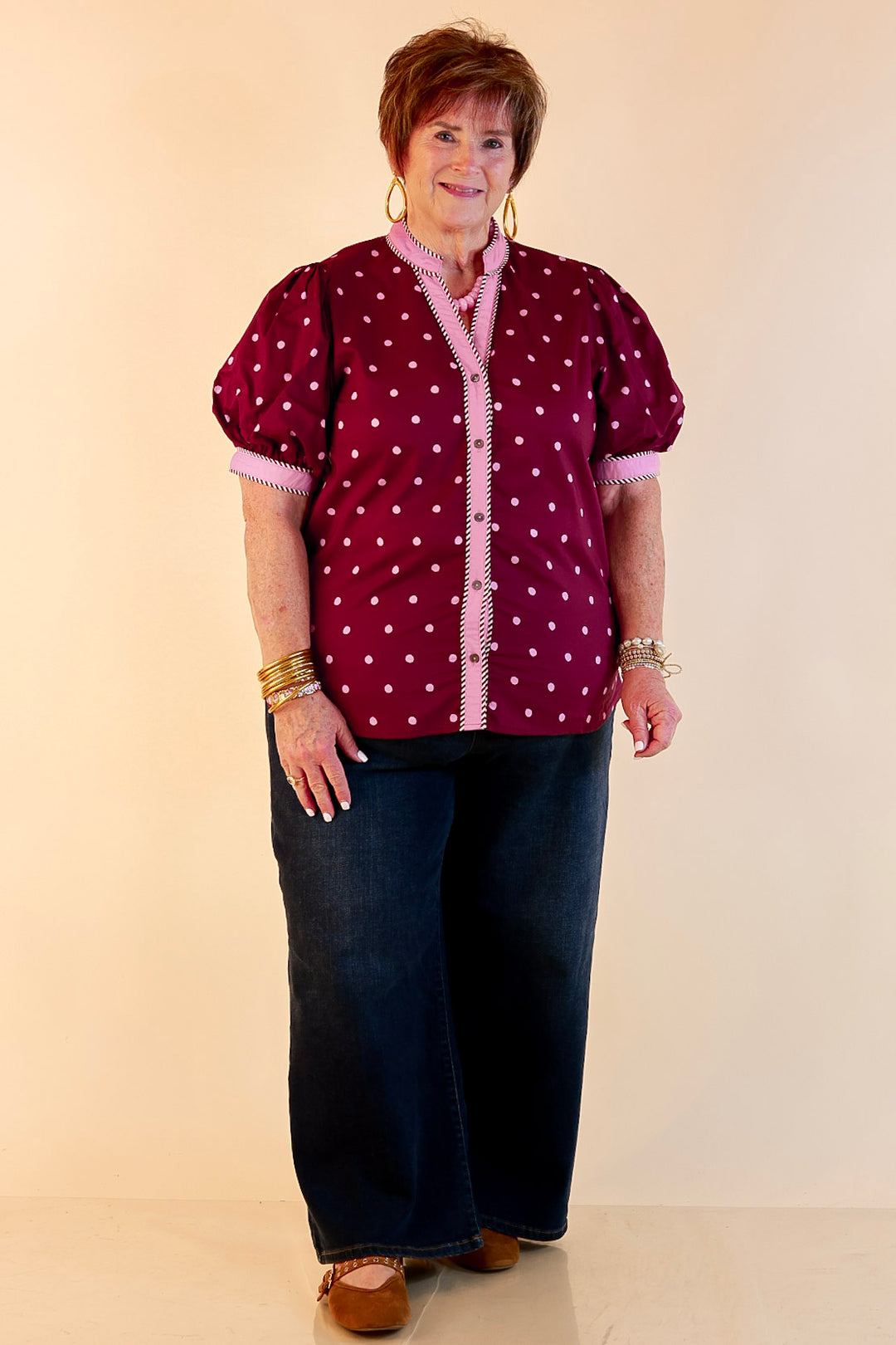 Pop of Polish Short Puff Sleeve Button Front Polka Dot Print Top with Contrast Trim in Maroon and Pink
