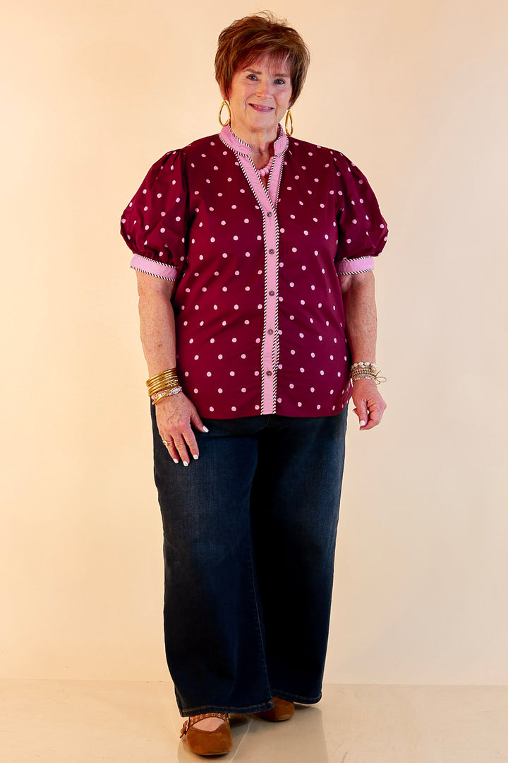Pop of Polish Short Puff Sleeve Button Front Polka Dot Print Top with Contrast Trim in Maroon and Pink