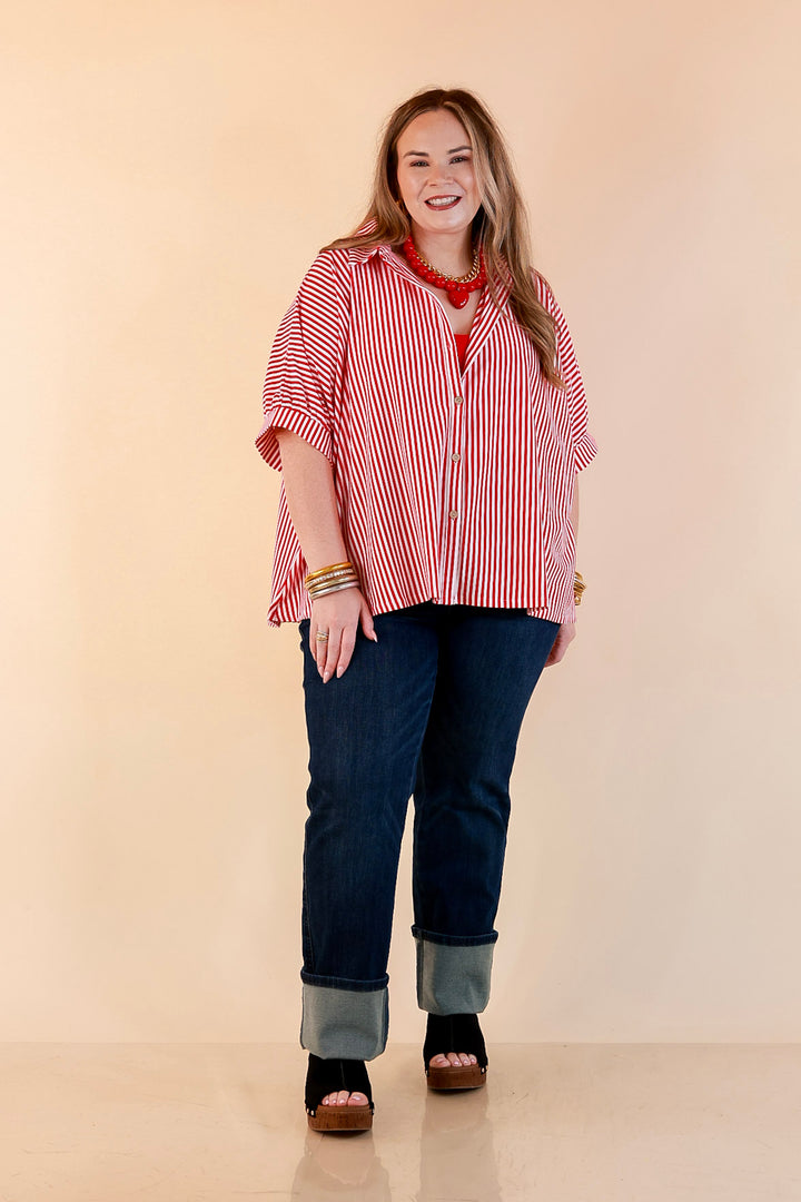 Perfectly Aligned Button Down Collared Top with Vertical Ivory Stripe Detail in Red