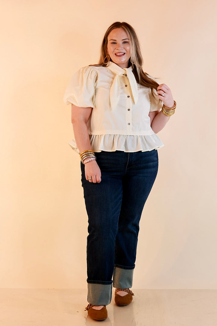 Present Company Solid Button Down Peplum Bubble Sleeve Tie Collar Top in Ivory
