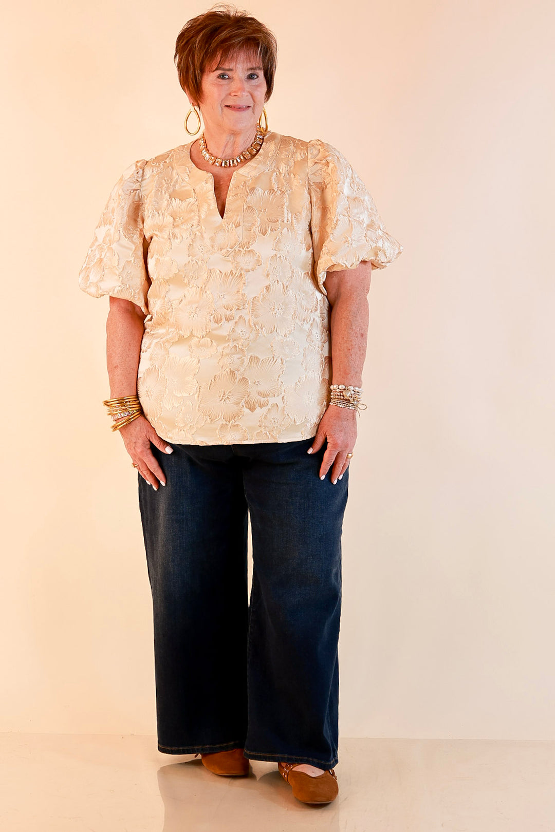 Pretty in Practice Textured Floral Print Puff Sleeve Blouse in Champagne Ivory