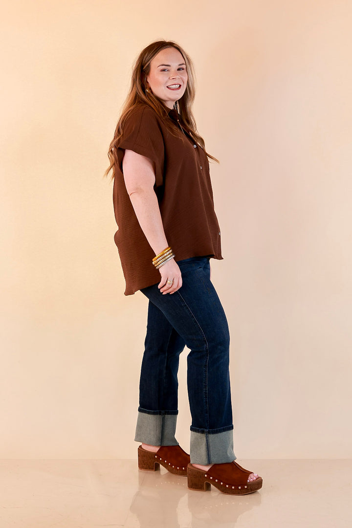 Timeless Appeal Woven Airflow Button Front Top with Rolled Cuff Short Sleeves and Front Pocket in Chocolate Brown
