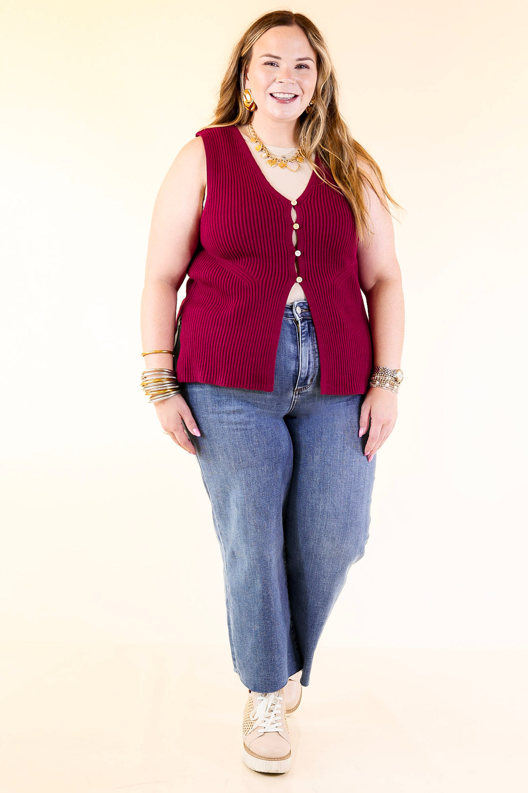 Sharp and Chic Button Front Ribbed Knit Sweater Vest in Maroon