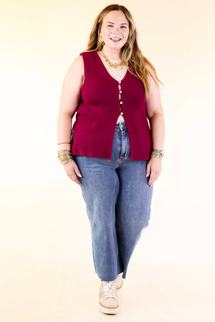 Sharp and Chic Button Front Ribbed Knit Sweater Vest in Maroon
