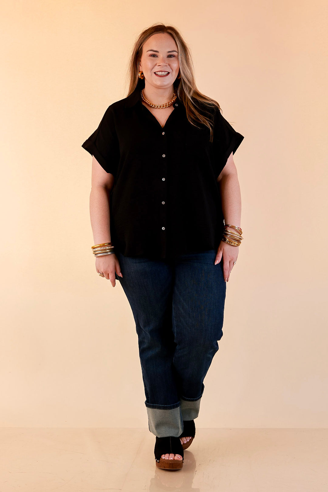 Timeless Appeal Woven Airflow Button Front Top with Rolled Cuff Short Sleeves and Front Pocket in Black