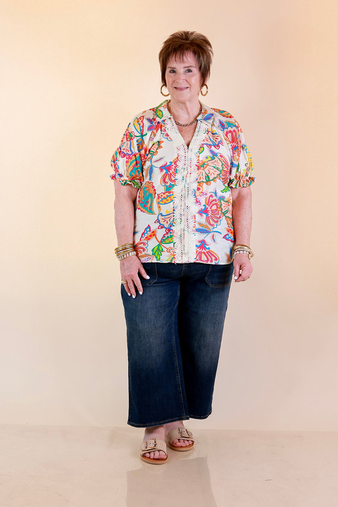 Bold Escape Floral Print Lace Front Top with Collar and Puff Sleeves in Cream Mix