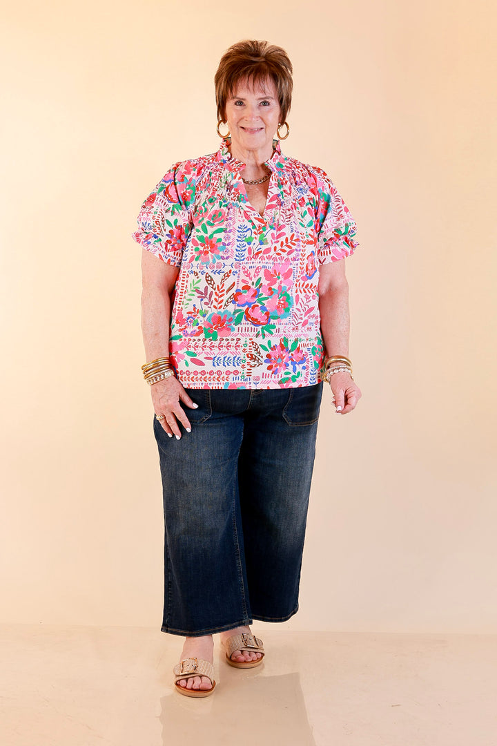 Blooming Grace Floral Print Top with Split Neckline and Puff Sleeves in Blush Mix