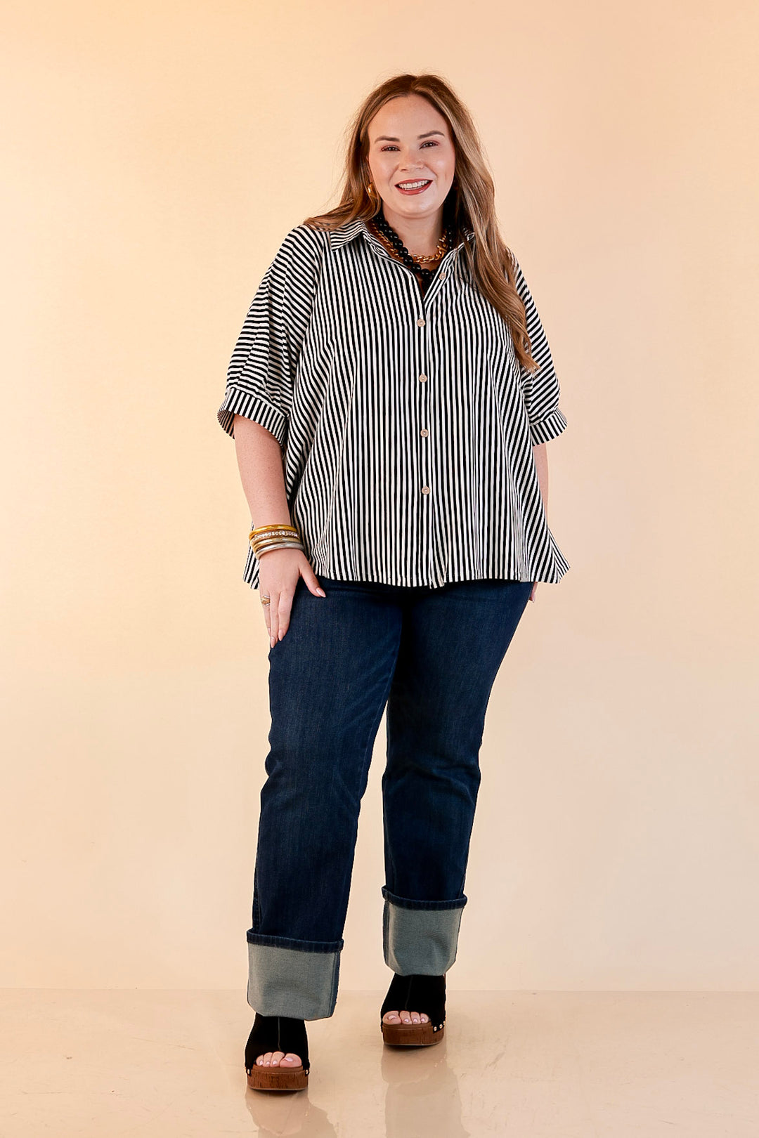 Perfectly Aligned Button Down Collared Top with Vertical Ivory Stripe Detail in Black
