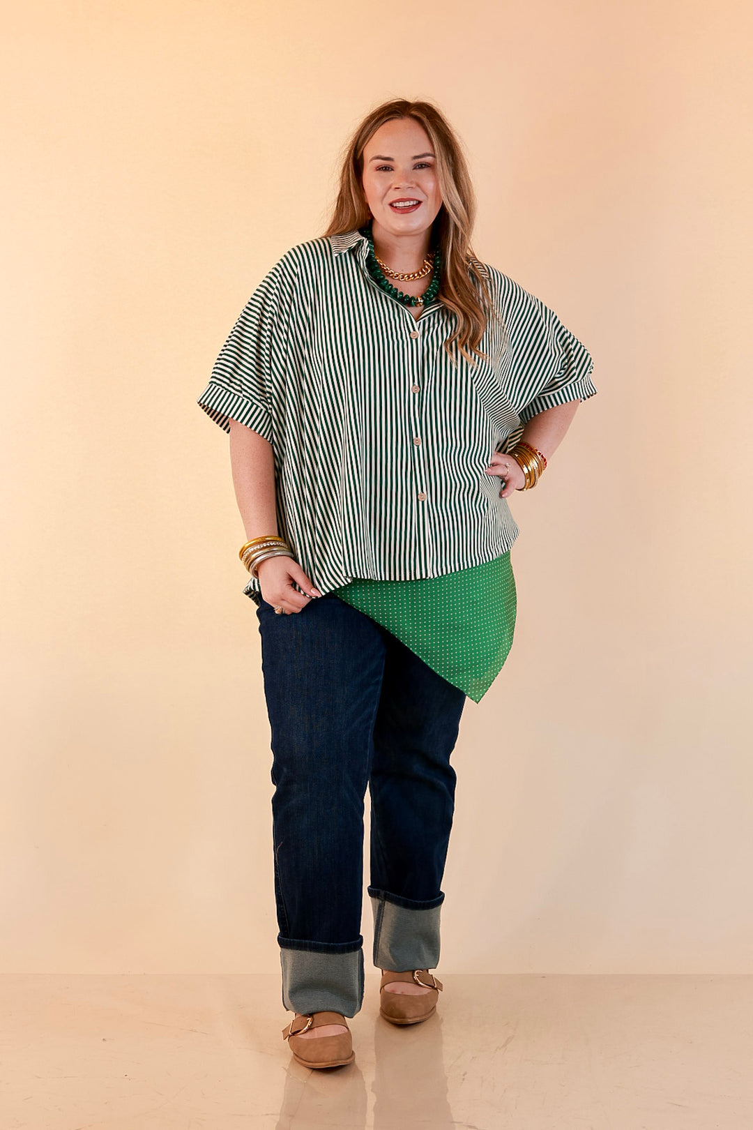 Perfectly Aligned Button Down Collared Top with Vertical Ivory Stripe Detail in Forest Green