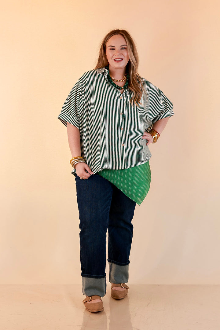 Perfectly Aligned Button Down Collared Top with Vertical Ivory Stripe Detail in Forest Green