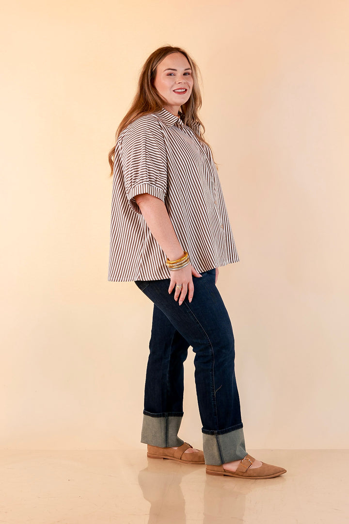 Perfectly Aligned Button Down Collared Top with Vertical Ivory Stripe Detail in Taupe Brown