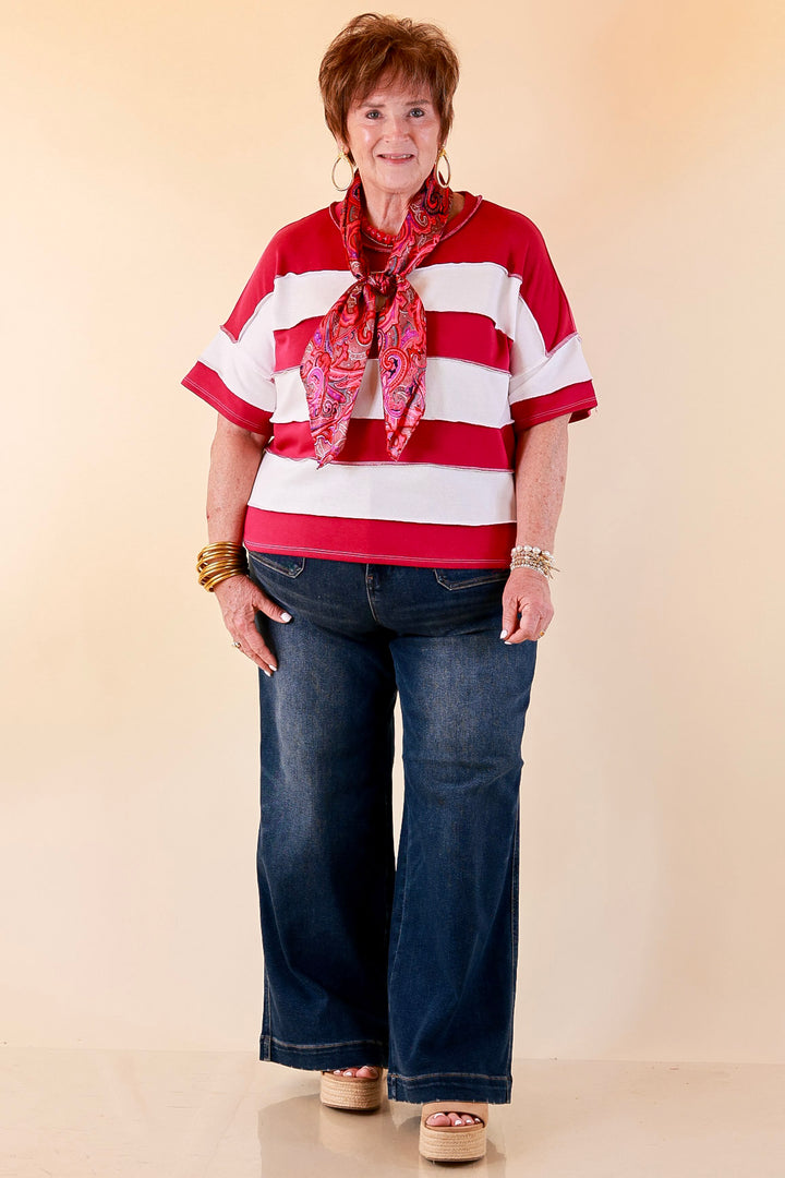 Simply Styled Color Block Rugby Style Relaxed Short Sleeve Top in Magenta Purple