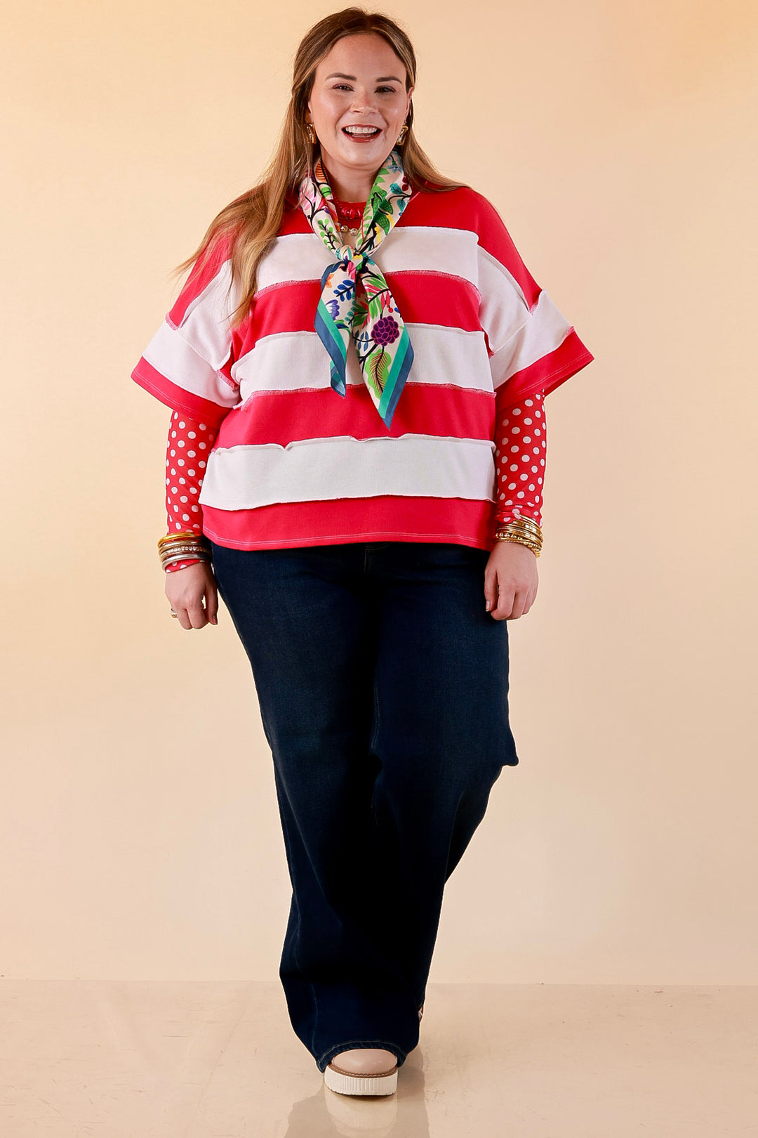 Simply Styled Color Block Rugby Style Relaxed Short Sleeve Top in Hot Pink
