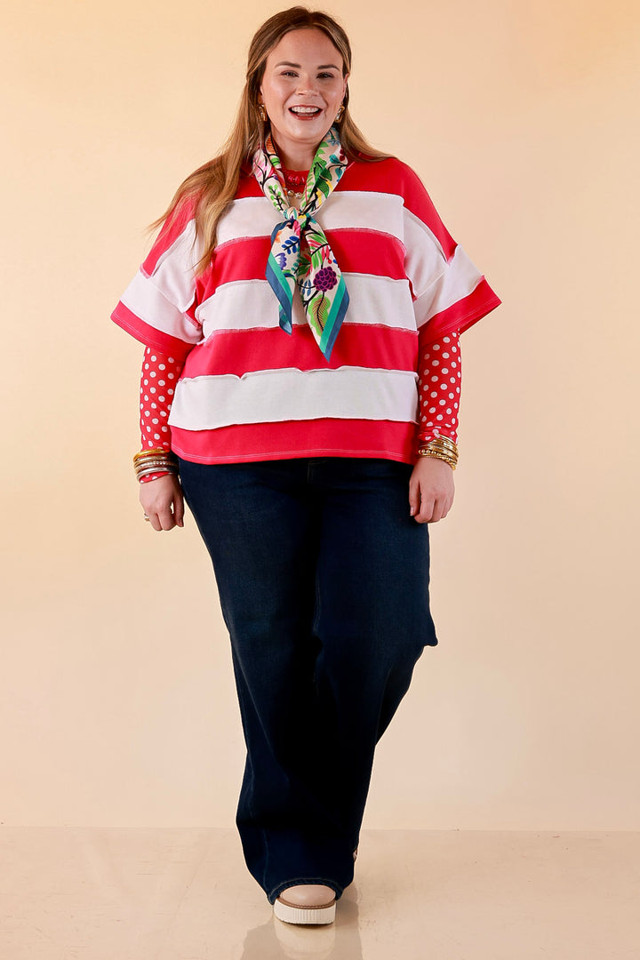 Simply Styled Color Block Rugby Style Relaxed Short Sleeve Top in Hot Pink