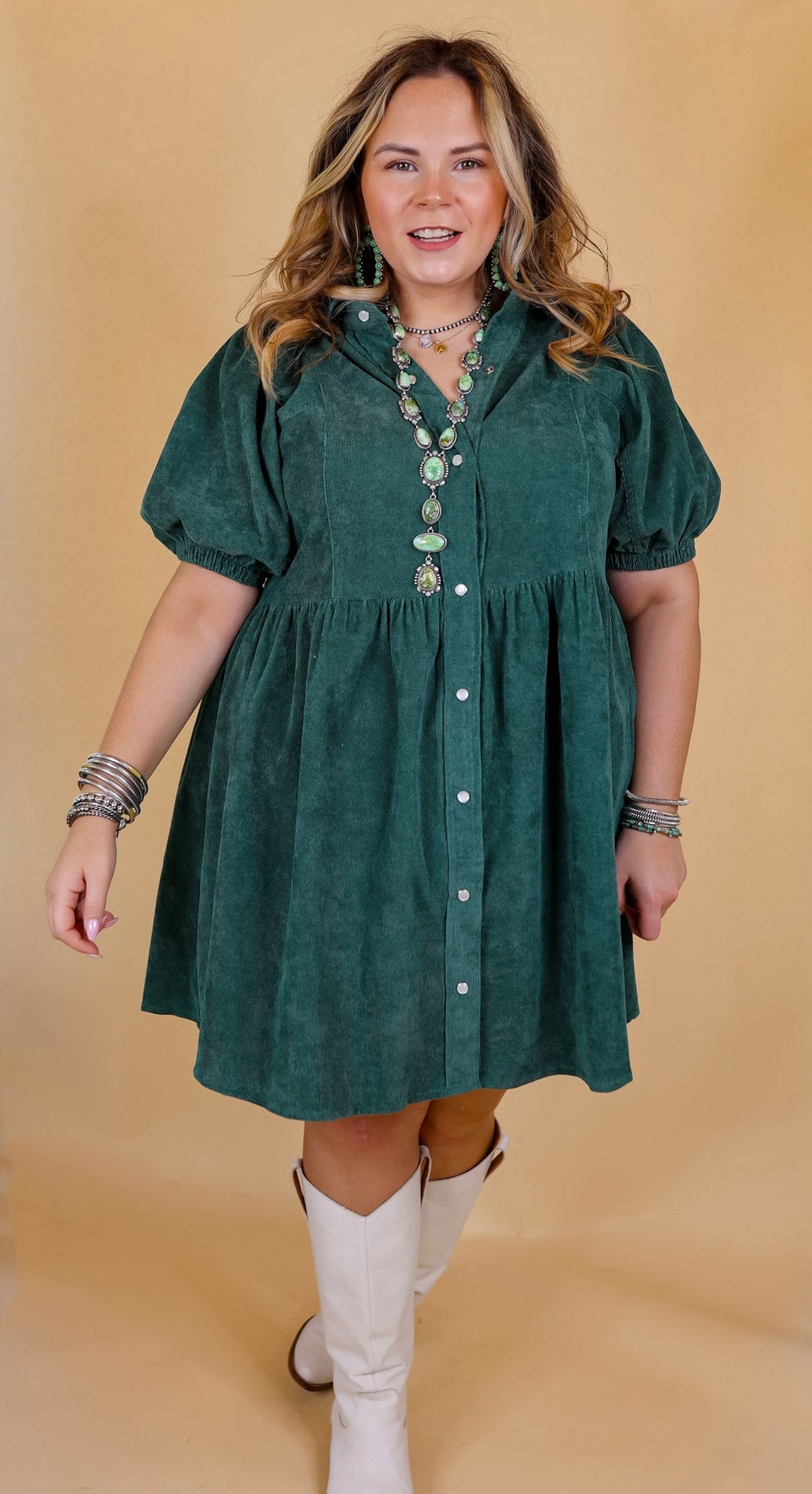 Adventures Ahead Button Up Corduroy Babydoll Dress in Dusty Teal - Giddy Up Glamour Boutique