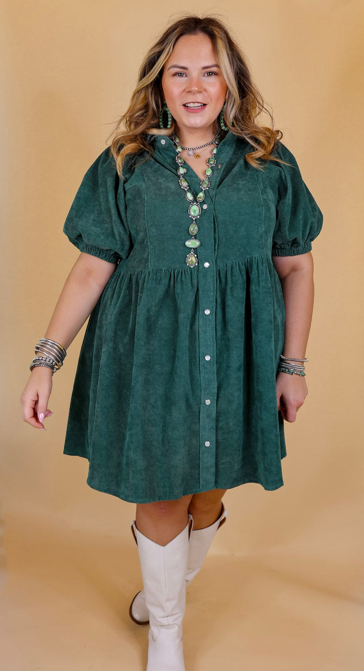 Adventures Ahead Button Up Corduroy Babydoll Dress in Dusty Teal - Giddy Up Glamour Boutique
