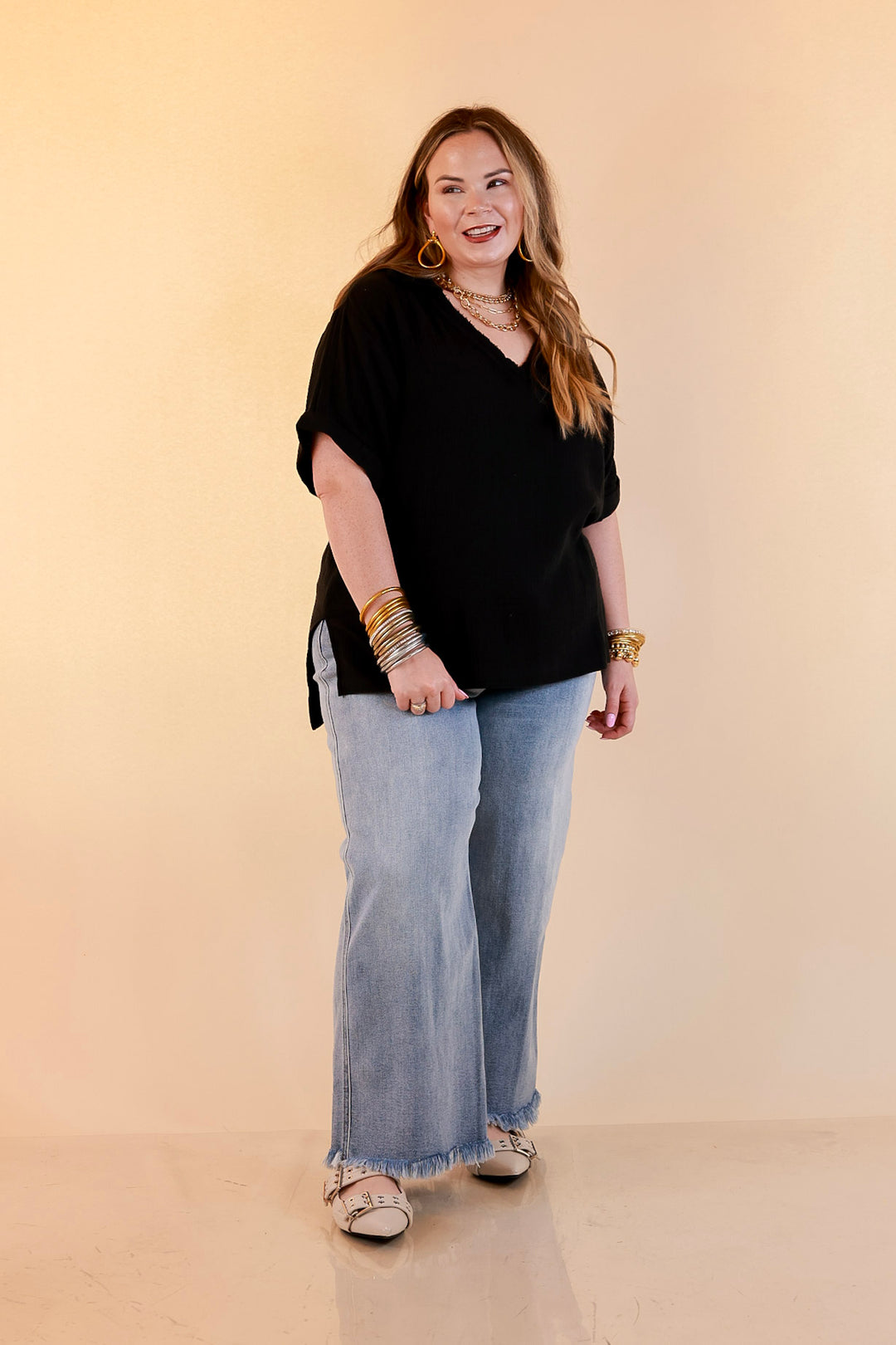 Quite Appropriate Short Sleeve Collared V Neck Linen Top with Rolled Sleeve Detail in Black