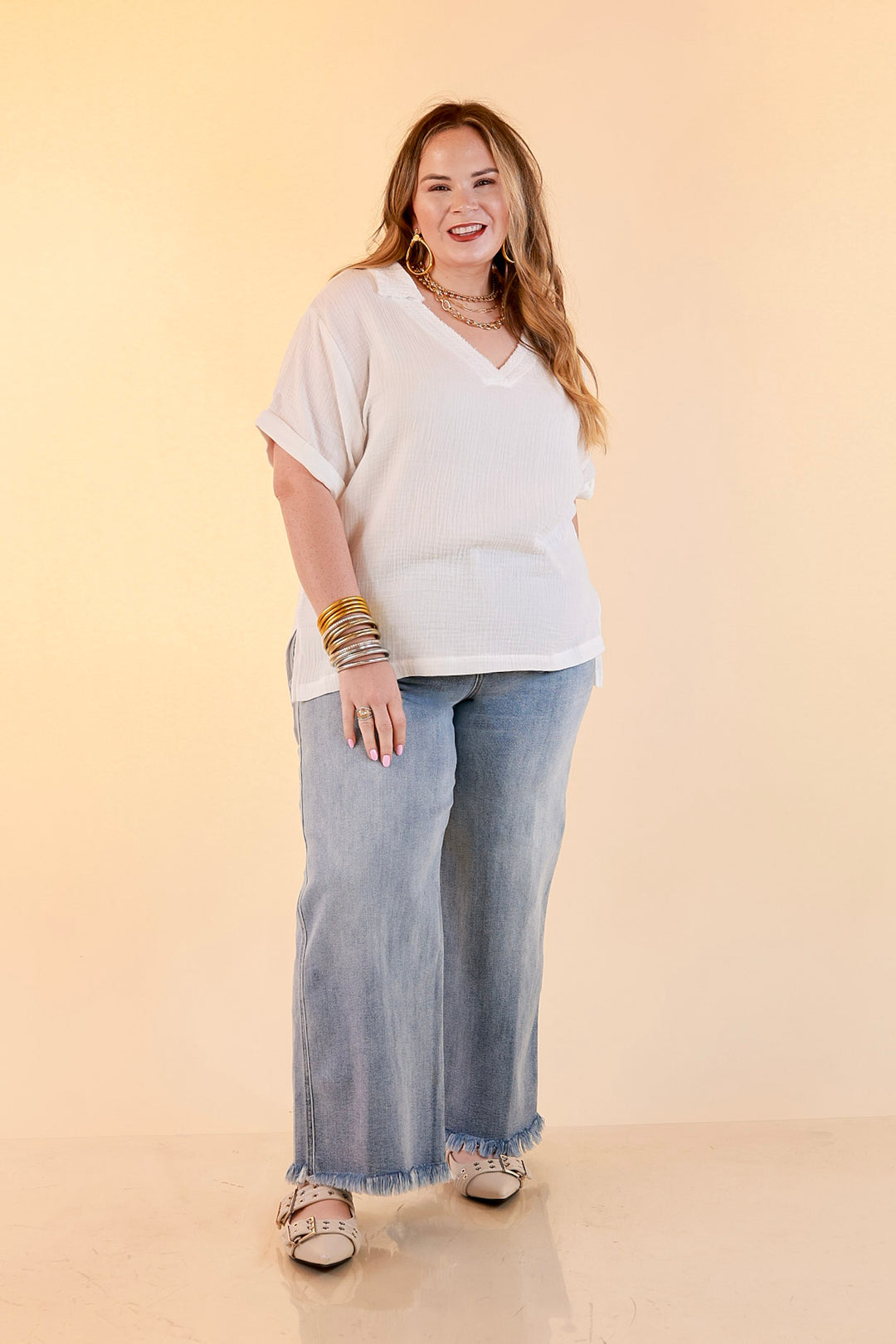 Quite Appropriate Short Sleeve Collared V Neck Linen Top with Rolled Sleeve Detail in White