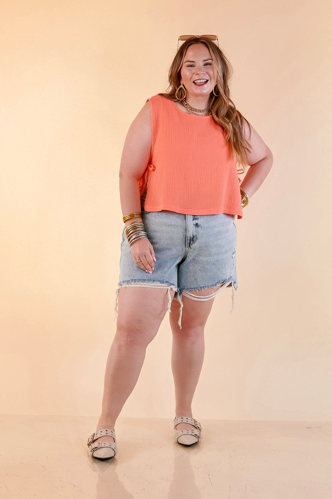 Tie it Together Sleeveless Linen Tank Top with Side Tie Detail in Coral Orange