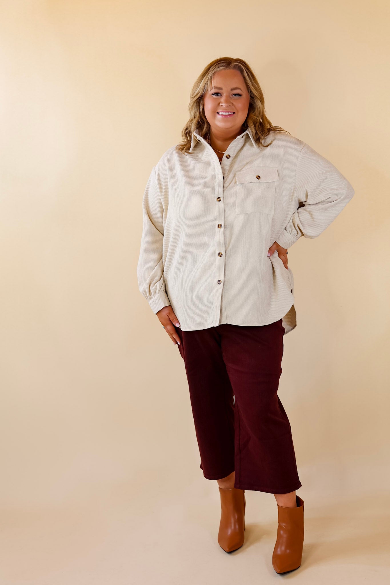 All Dolled Up Button Up Corduroy Shacket in Ivory - Giddy Up Glamour Boutique
