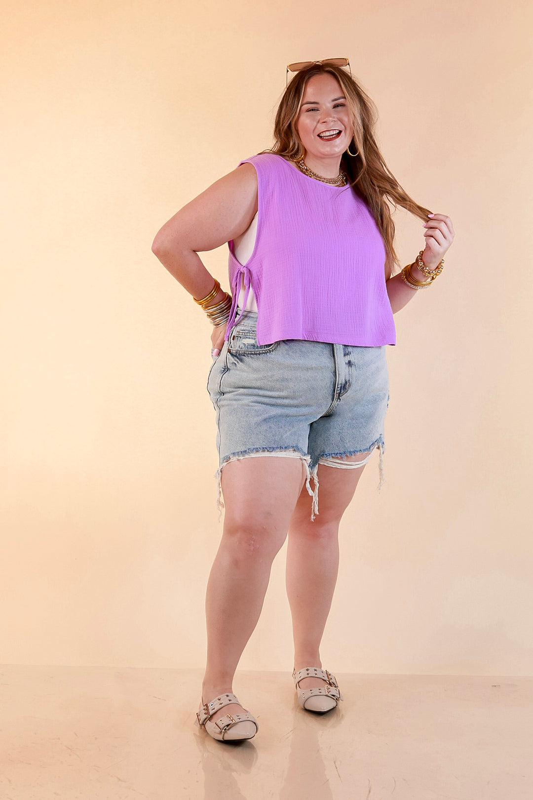 Tie it Together Sleeveless Linen Tank Top with Side Tie Detail in Lavender Purple