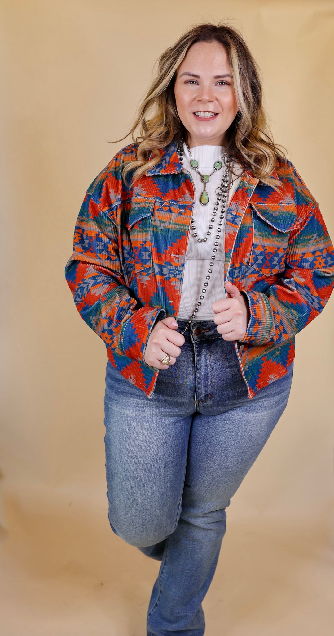 Edgy and Chic Button Up Corduroy Aztec Print Jacket in Red and Blue - Giddy Up Glamour Boutique