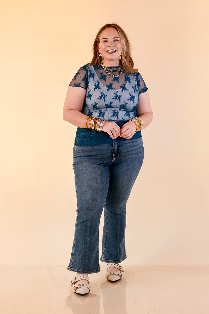 Lovely in Lace Sheer Mock Neck Short Sleeve Top in Teal Blue