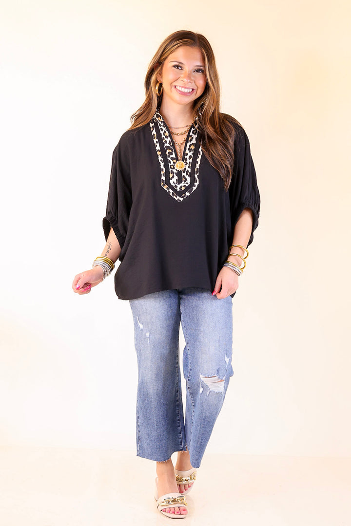 Naturally Stylish Leopard Print Trim Poncho Top in Black