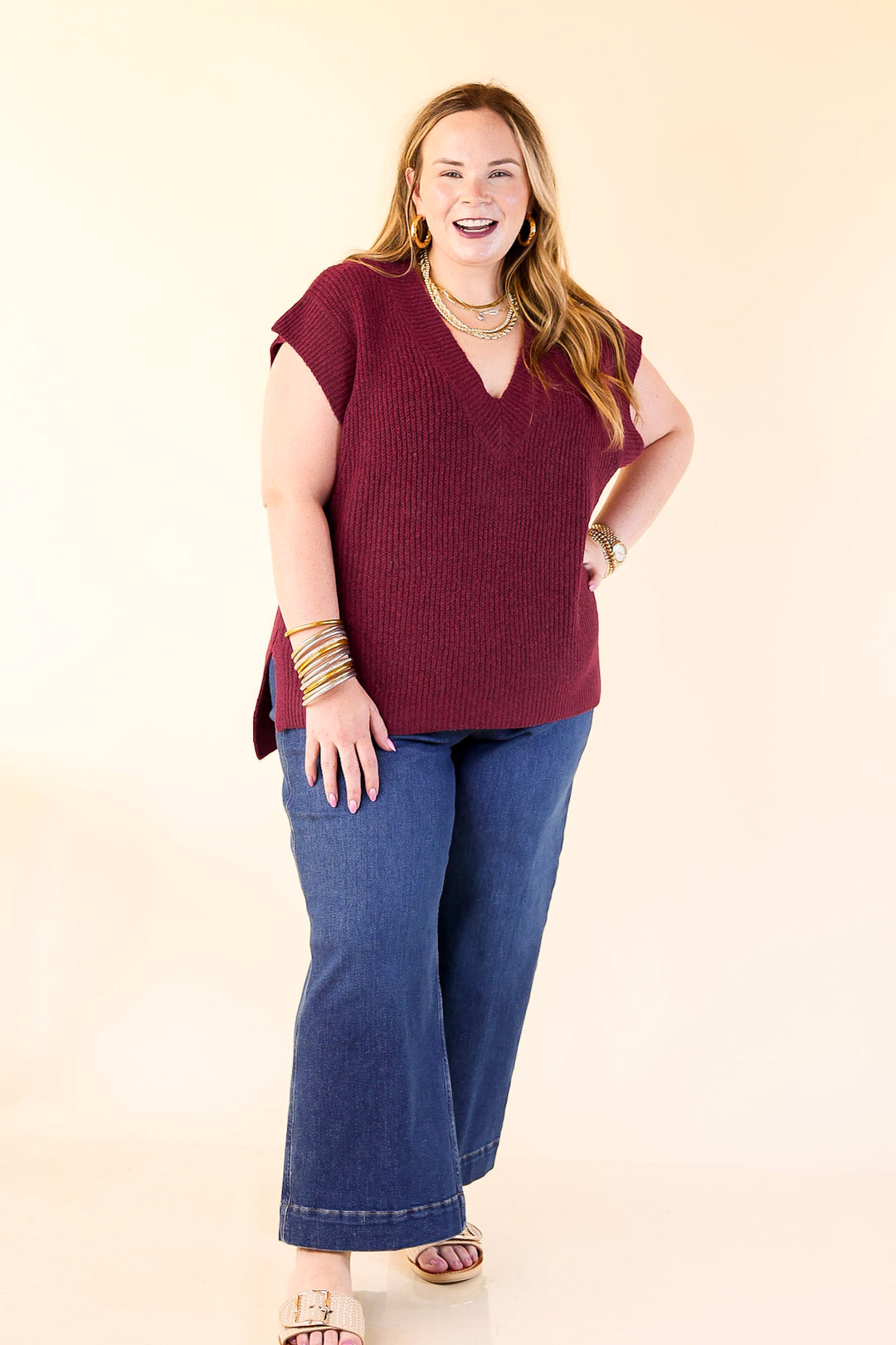 Fall For You Textured V-Neck Oversized Knit Sweater Vest Top in Maroon