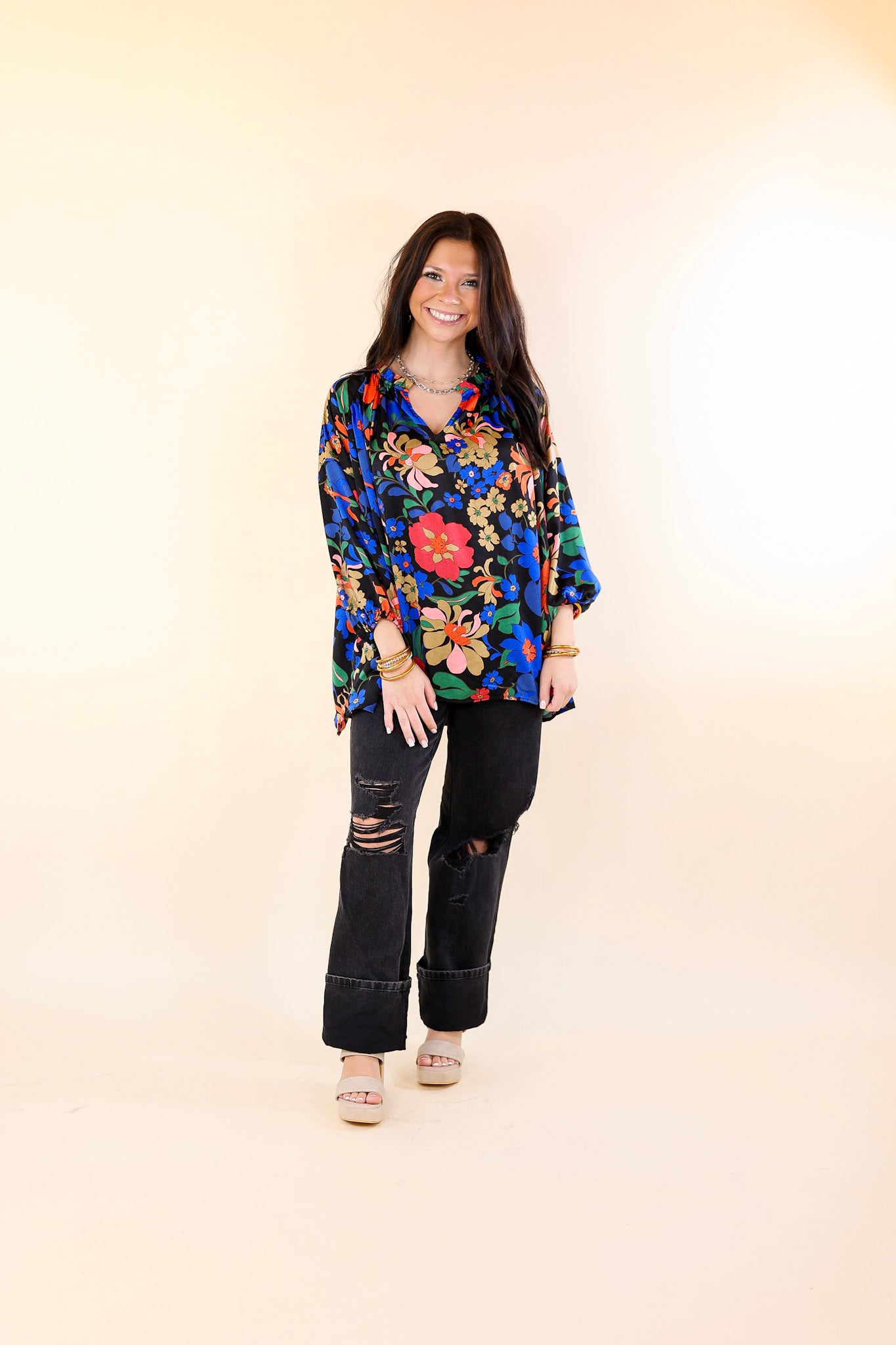 Falling For Floral 3/4 Sleeve Top with Notched Neck in Black